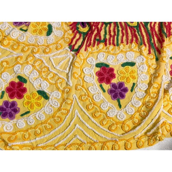 Vintage Boho Hippie Chic Yellow Chenille Peacock Bedspread King - Picture 4 of 5